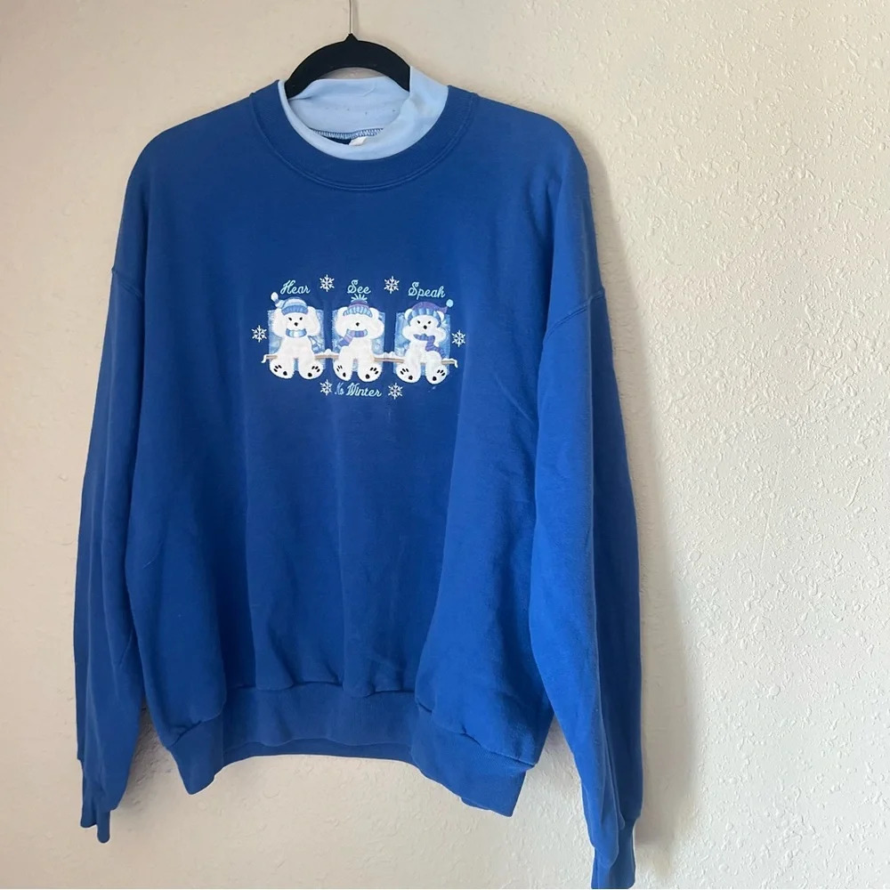 Vintage- Blue - Womens Crew neck, speak, hear, see no evil holiday cozy crewneck - Picture 2 of 3